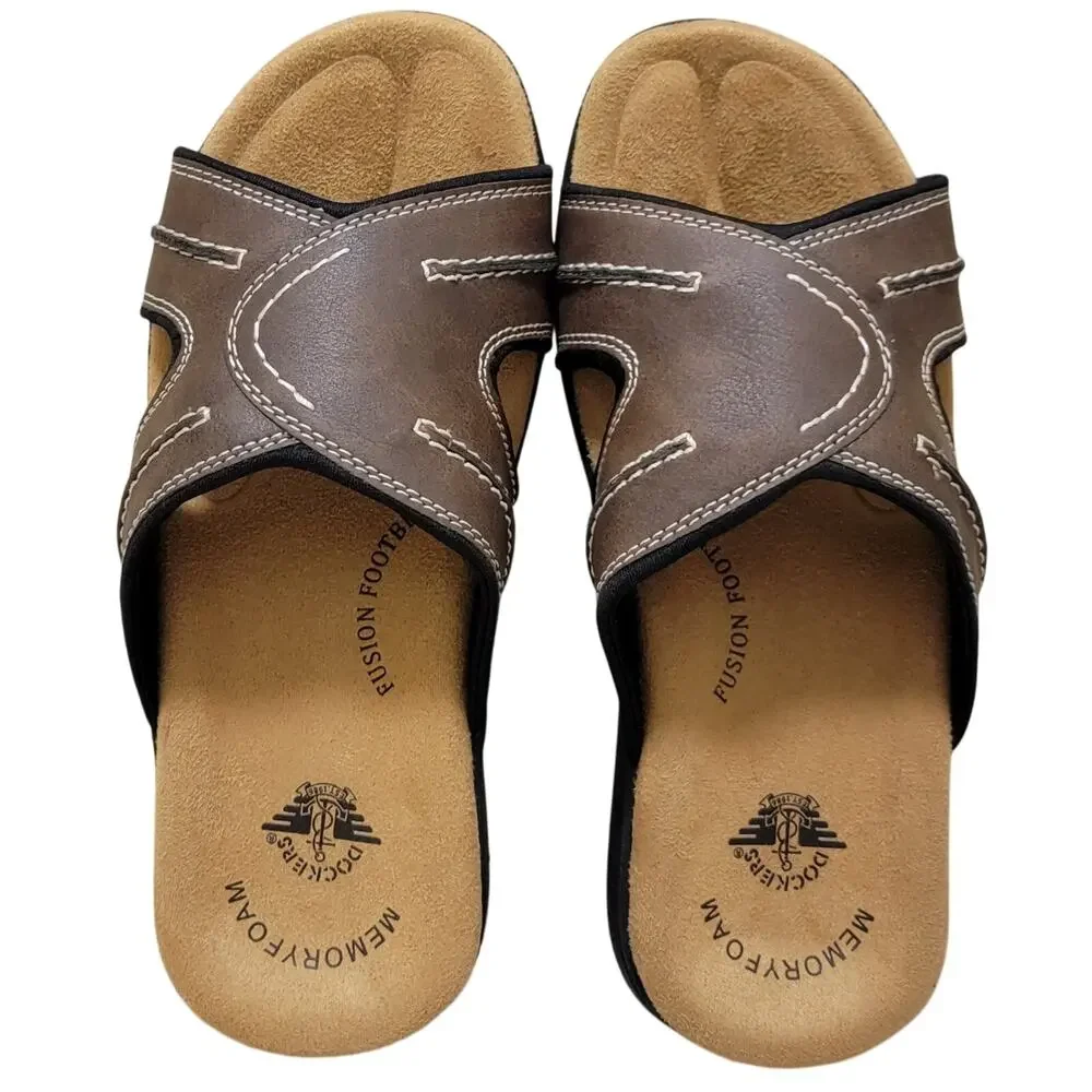 Dockers Men Casual Slide Sandals Sunland Size US 11M Dark Brown Faux Leather